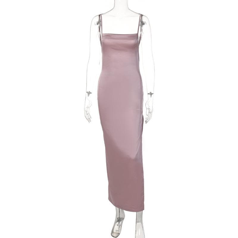 Square Neck Spaghetti Strap Side Slit Satin Midi Dress
