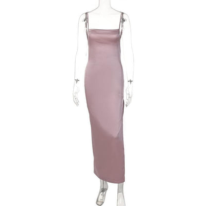 Square Neck Spaghetti Strap Side Slit Satin Midi Dress