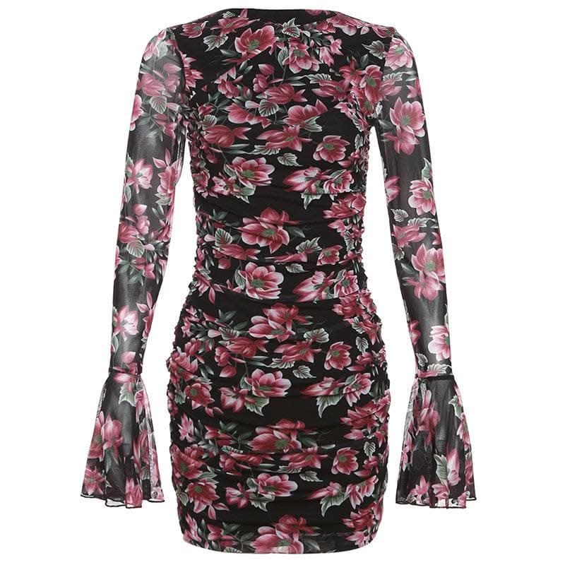 Flower print contrast hollow out long flared sleeve cut out mini dress-final-sale