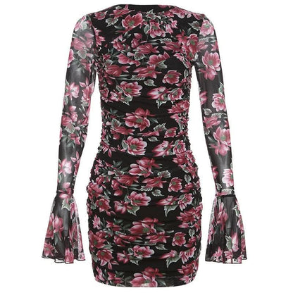 Flower print contrast hollow out long flared sleeve cut out mini dress-final-sale