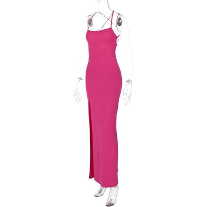 High slit ruched cross back solid cami maxi dress