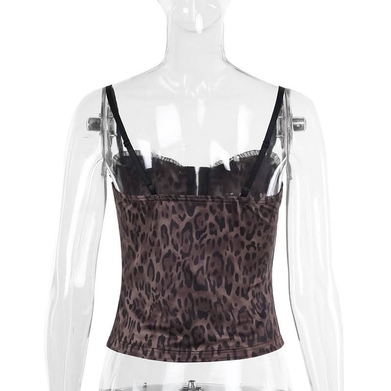 V neck leopard print ruffle backless cami top