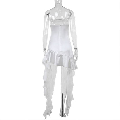 Satin lace hem patchwork ruffle cami mini dress