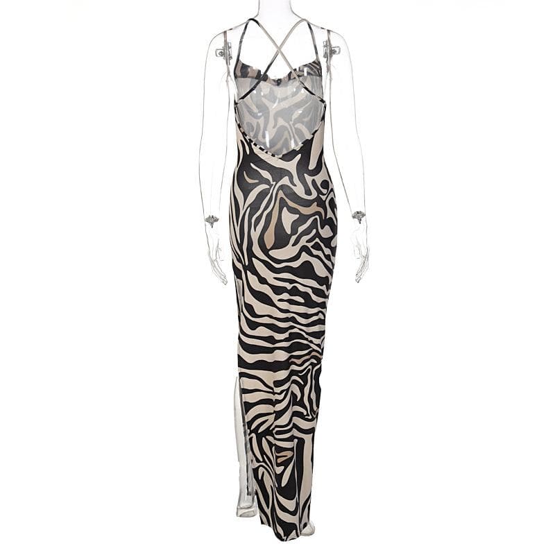 Zebra print hollow out contrast cross back slit backless cut out maxi dress