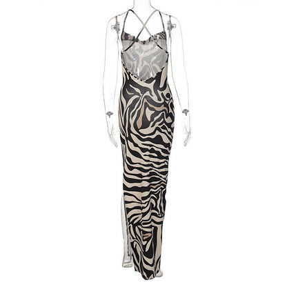 Zebra print hollow out contrast cross back slit backless cut out maxi dress