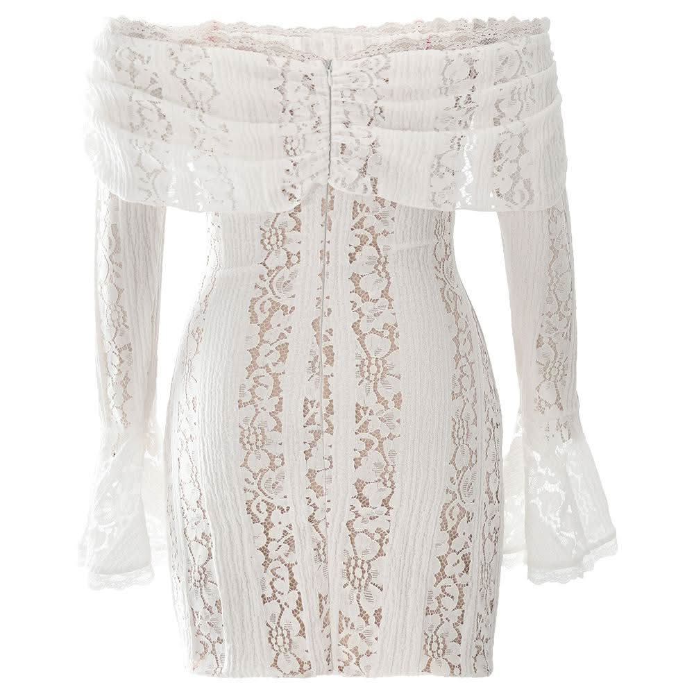 Long flared sleeve off shoulder lace mini dress
