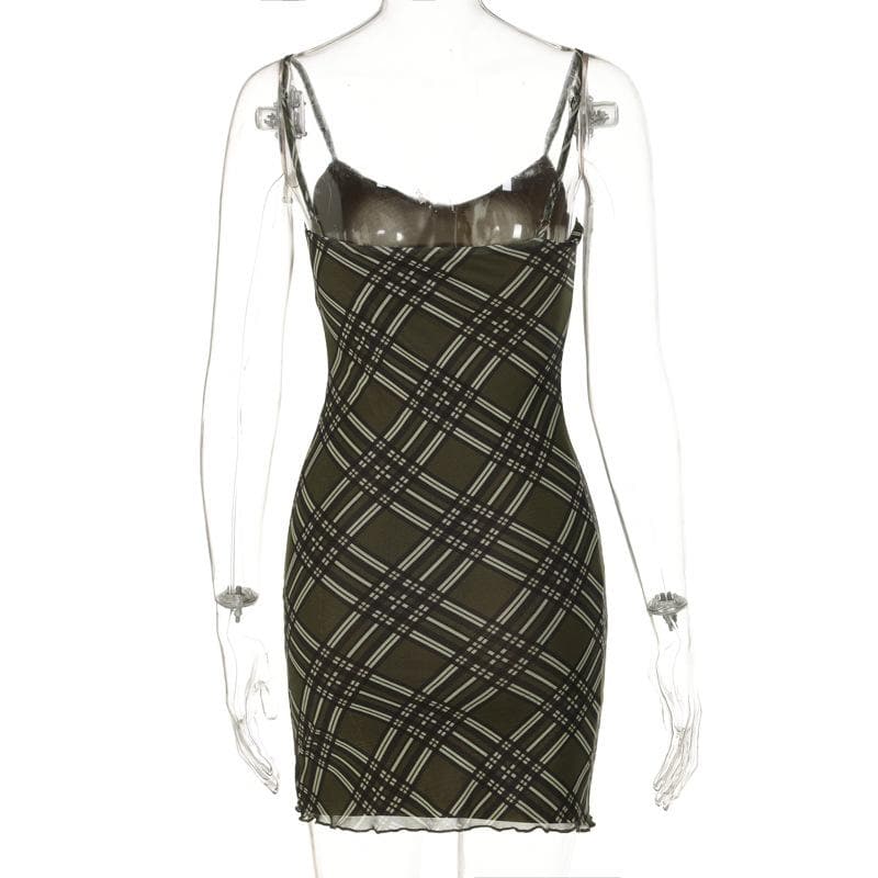 Plaid Lace-Up Front Spaghetti Strap Bodycon Cami Mini Dress