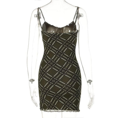 Plaid Lace-Up Front Spaghetti Strap Bodycon Cami Mini Dress