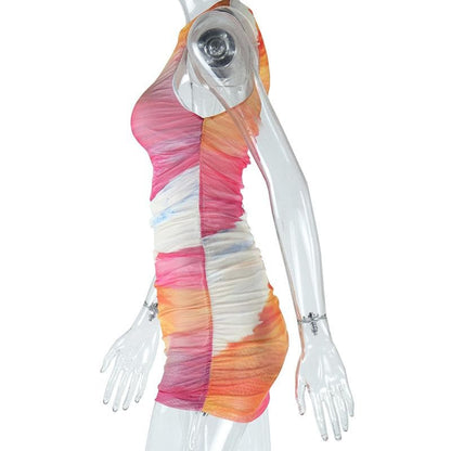 Mesh gradient crewneck ruched tank mini dress