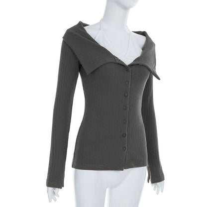 Long sleeve turnover collar halter button 2 piece top