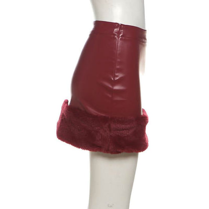 PU leather fluffy patchwork zip-up mini skirt
