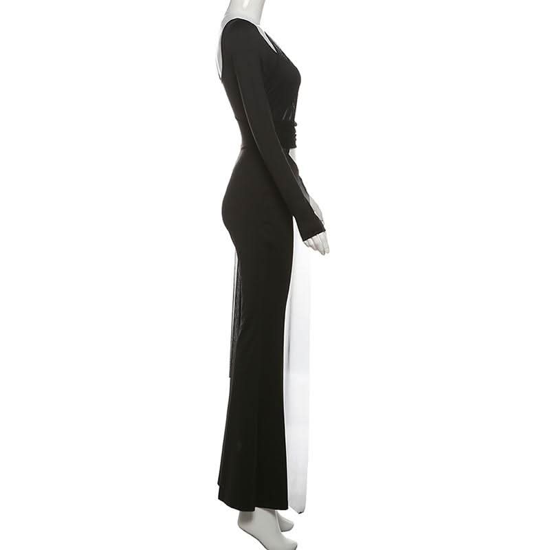 Long sleeve mesh patchwork hollow out jumpsuit