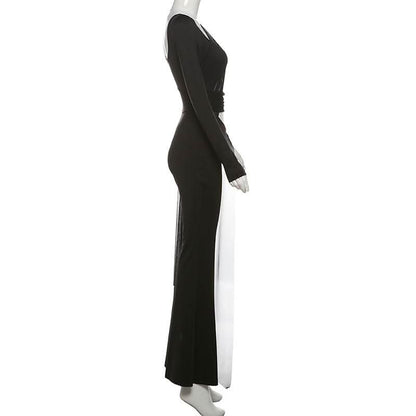 Long sleeve mesh patchwork hollow out jumpsuit