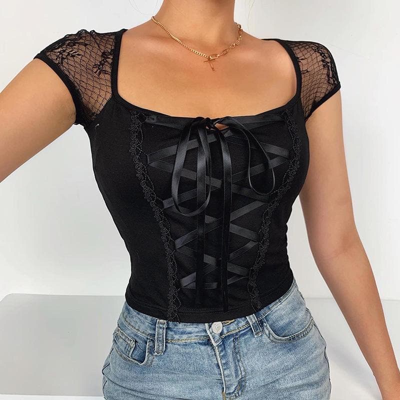 Self tie lace hem square neck cap sleeve crop top