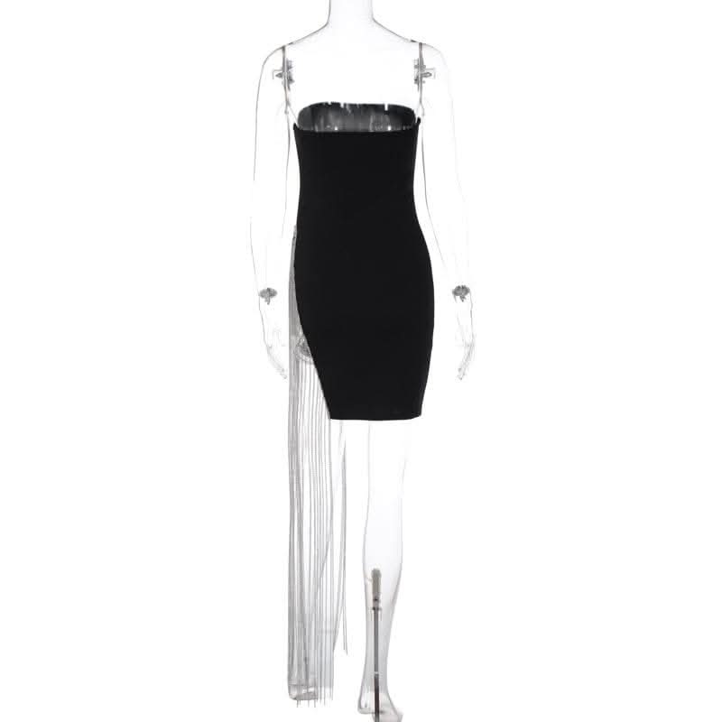 Beaded slit tassels backless patchwork tube mini dress-final-sale