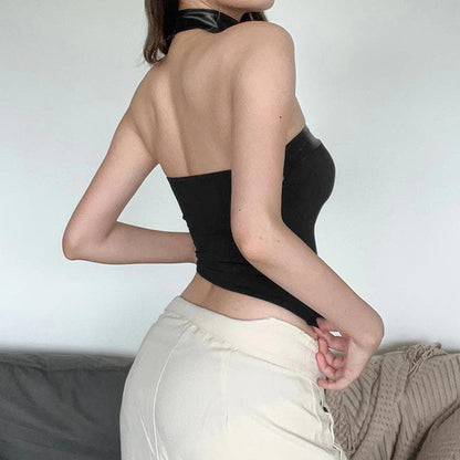 Sleeveless solid PU leather choker bustier tag backless crop top