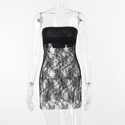 Floral Lace Strapless Tube Side Slit Backless Mini Dress