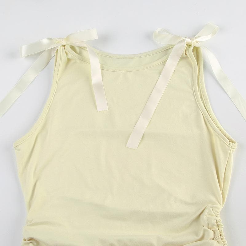 Bowknot ribbon ruched crewneck crop top