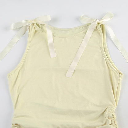 Bowknot ribbon ruched crewneck crop top