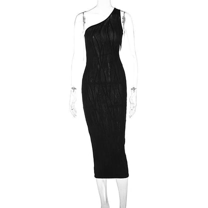 Textured one shoulder irregular hollow out solid cut out midi dress
