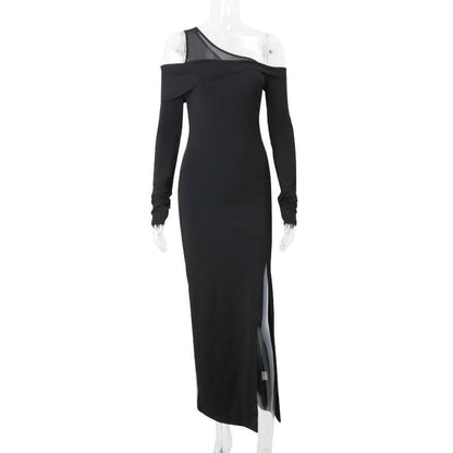 Off shoulder long sleeve slit solid maxi dress