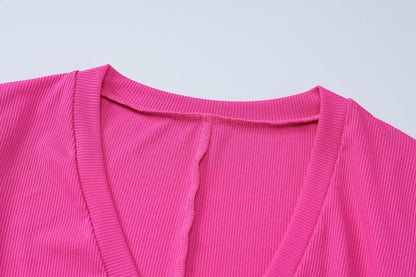 Ribbed solid long sleeve v neck jumpsuit