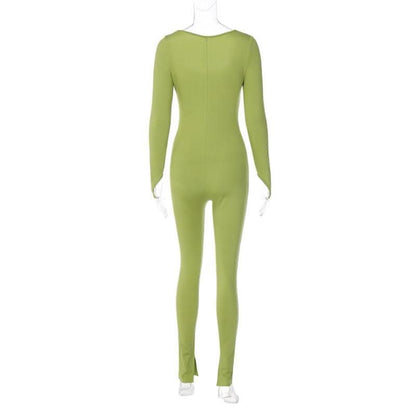 Long sleeve solid u neck slit jumpsuit- Final Sale-final-sale