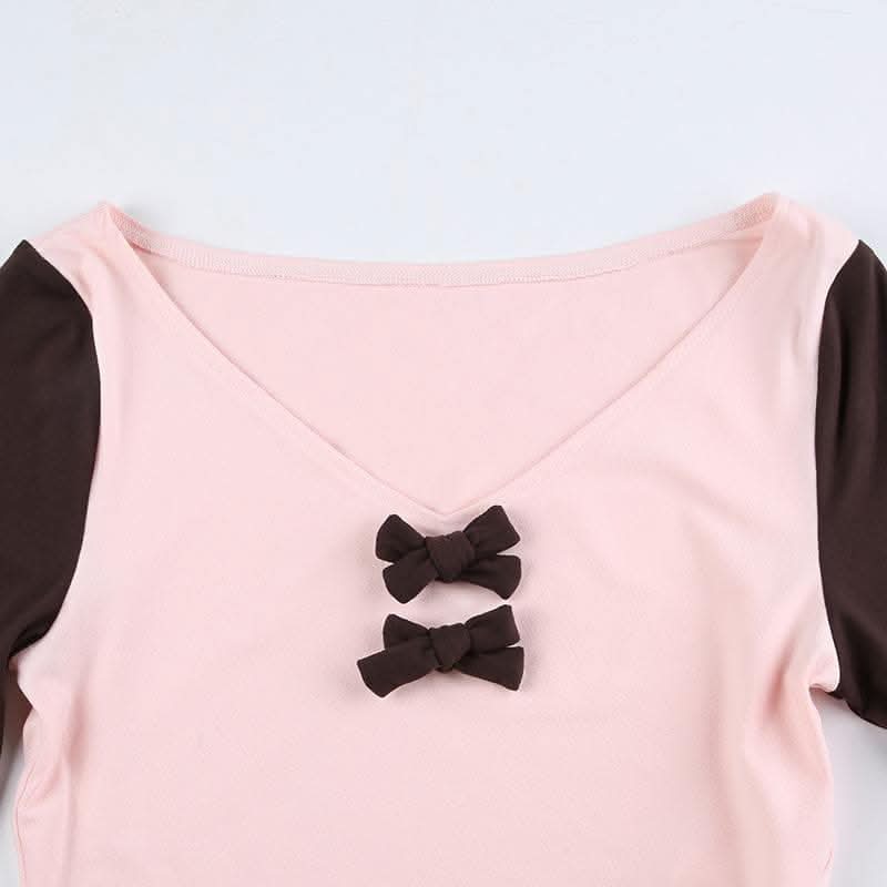 Bowknot contrast patchwork long sleeve v neck top-final-sale