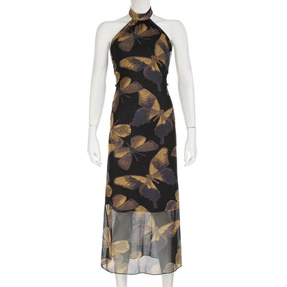 Halter butterfly print backless mesh maxi dress