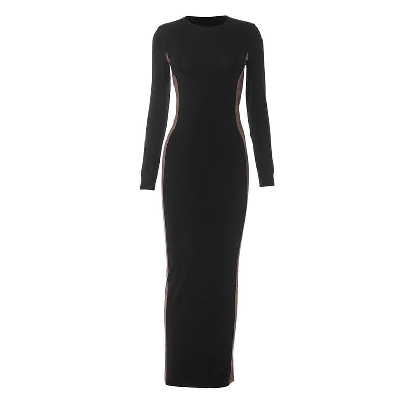 Contrast Side Panel Crew Neck Long Sleeve Bodycon Maxi Dress
