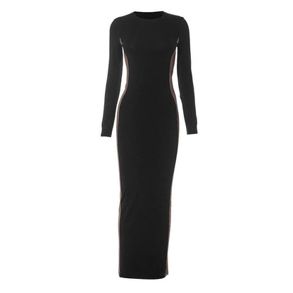 Contrast Side Panel Crew Neck Long Sleeve Bodycon Maxi Dress