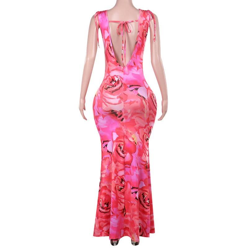 Cowl neck self tie flower print backless maxi dress