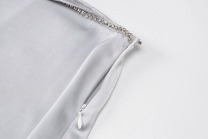 Cowl neck zip-up metal chain satin halter maxi skirt set-final-sale