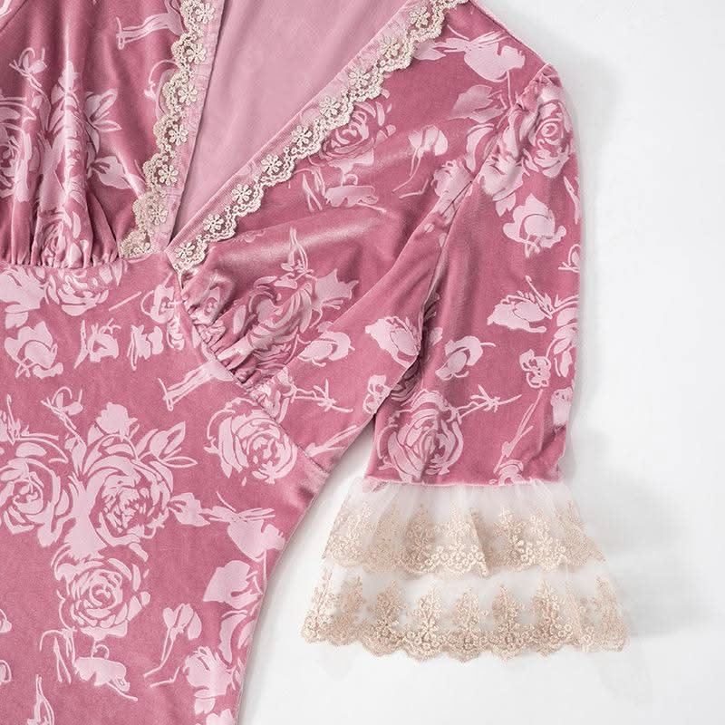 Lace hem v neck flower print velvet maxi dress