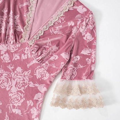 Lace hem v neck flower print velvet maxi dress