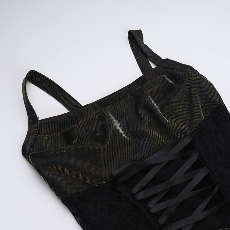 Square neck ruched lace up lace hem maxi dress