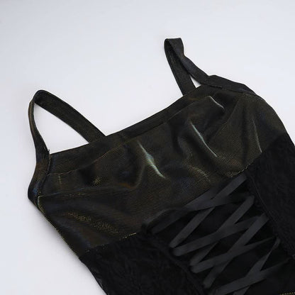 Square neck ruched lace up lace hem maxi dress