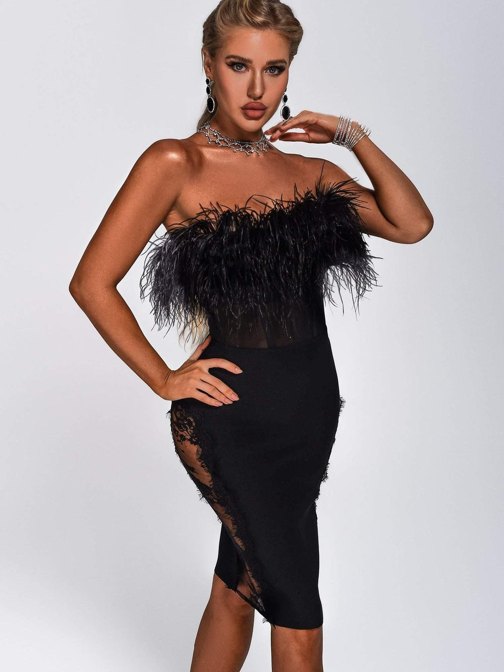 Feather Tube Mesh Corset Dress