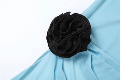 Flower applique contrast v neck lace hem halter backless maxi dress-final-sale