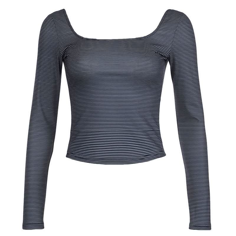 Long sleeve u neck striped backless top