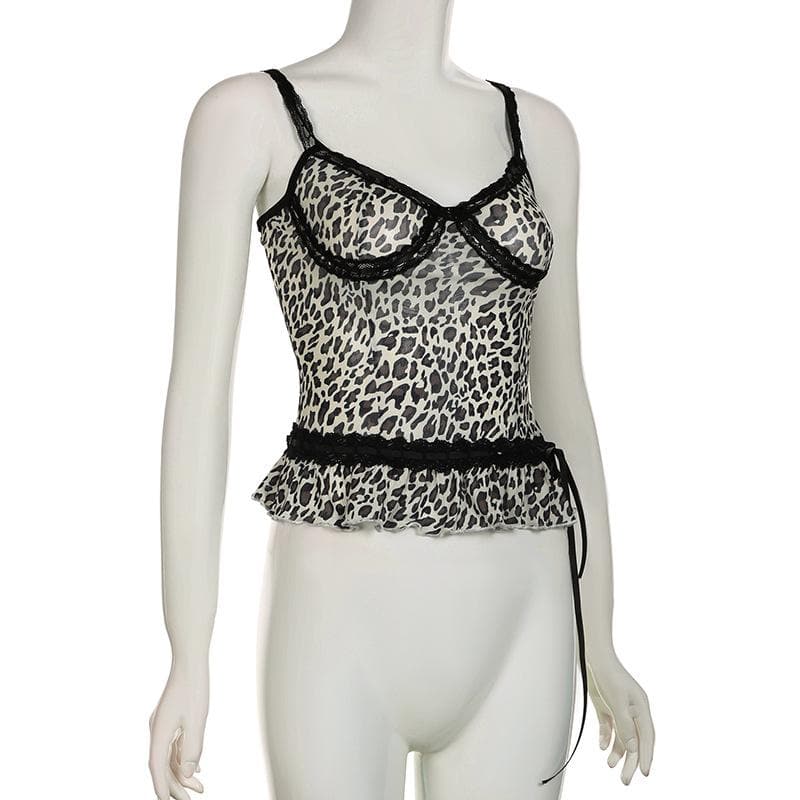 Leopard print bowknot see through mesh cami top