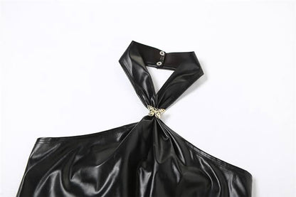 Halter PU leather button butterfly applique top