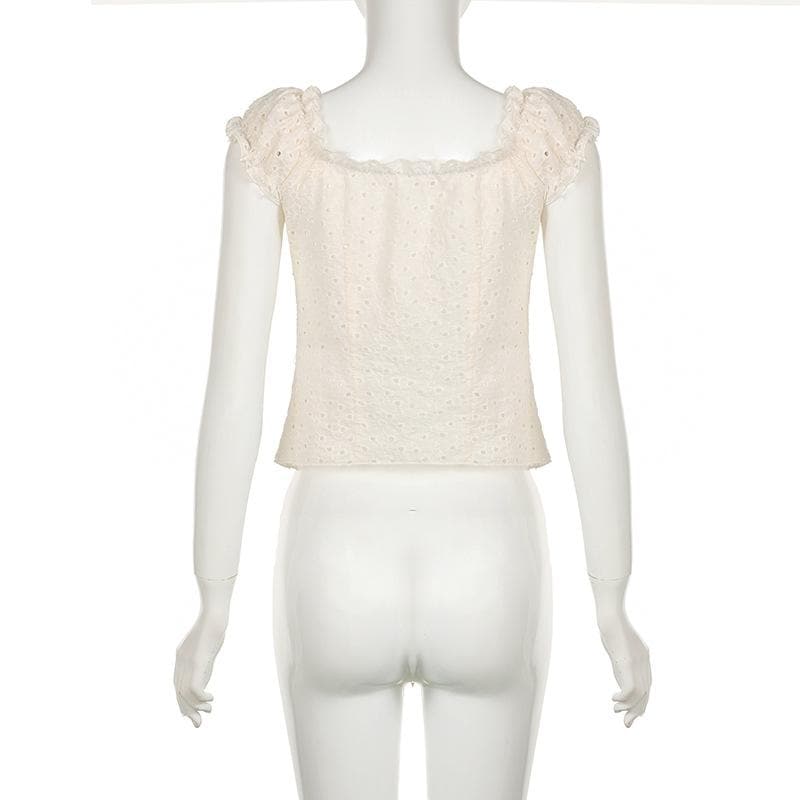 U neck puff sleeve textured ruffle top