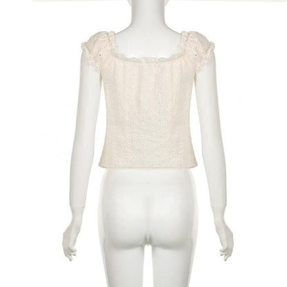 U neck puff sleeve textured ruffle top