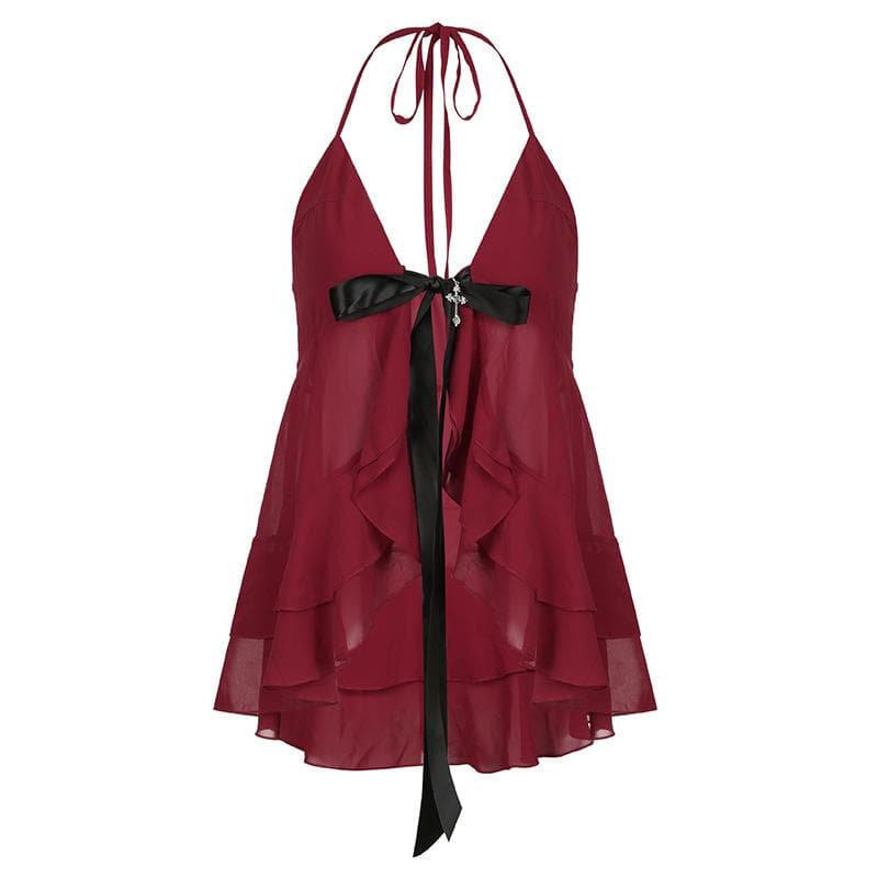 Halter cross applique bowknot mesh ruffle top