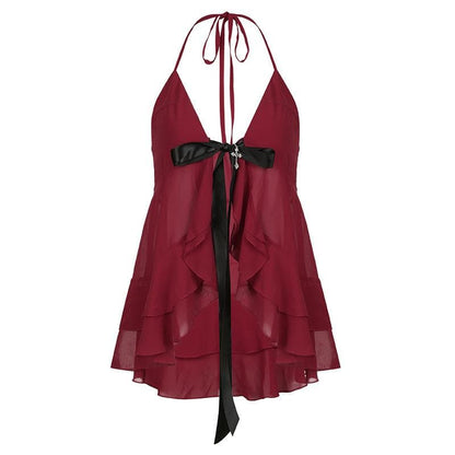 Halter cross applique bowknot mesh ruffle top