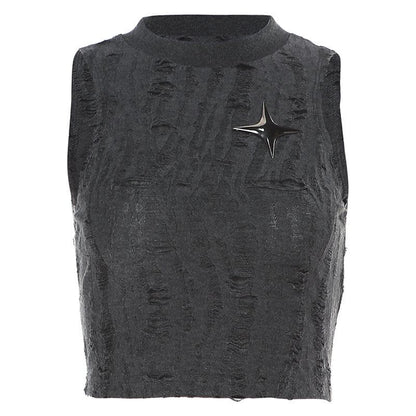 Sleeveless textured star applique hollow out solid crop cut out top