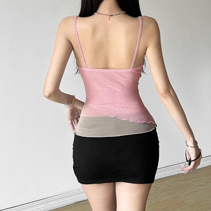 Bowknot lace v neck mesh irregular cami top