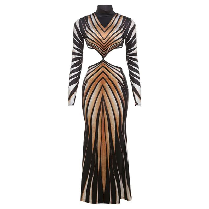 High neck long sleeve hollow out print contrast cut out maxi dress