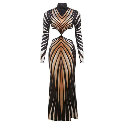 High neck long sleeve hollow out print contrast cut out maxi dress